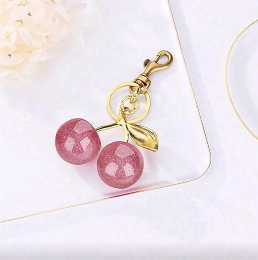 Gold Pink Cherry Keychain Bag Charm - Picture 8 of 10